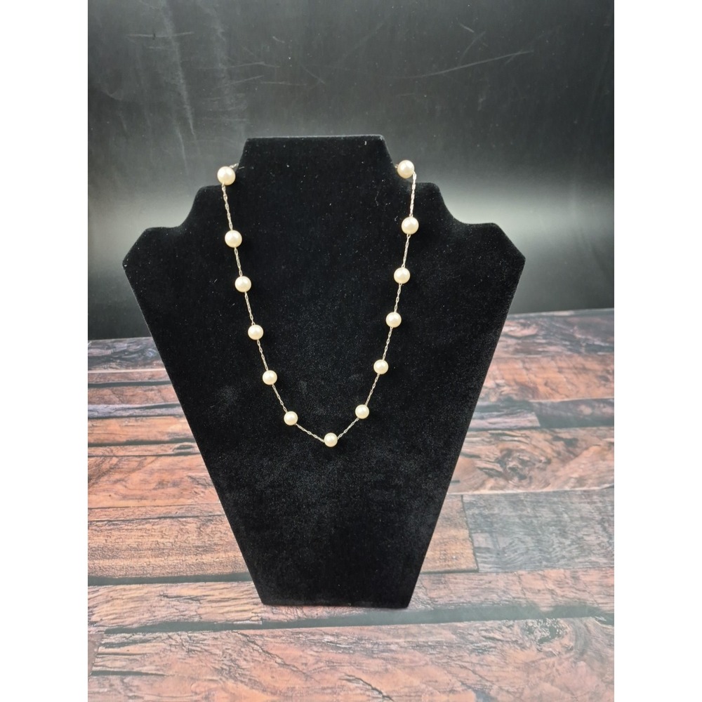 Signed RMN Necklace 18" Silver Tone Bright‎ White Faux Pearls Station Chain Vtg